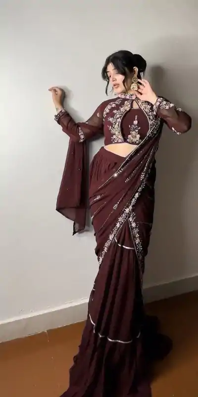 BE 280 Brown Georgette Lehenga Saree Perfect for Wedding, Party, Cultural Events, Housewarming, Ganesh Chaturthi . Affordable Price ₹2399. Delivery 4- | Bollywood Lehenga, Creative Lehenga, Designer Lehenga, Embroidered Lehenga, Lehenga, Party Wear Lehenga