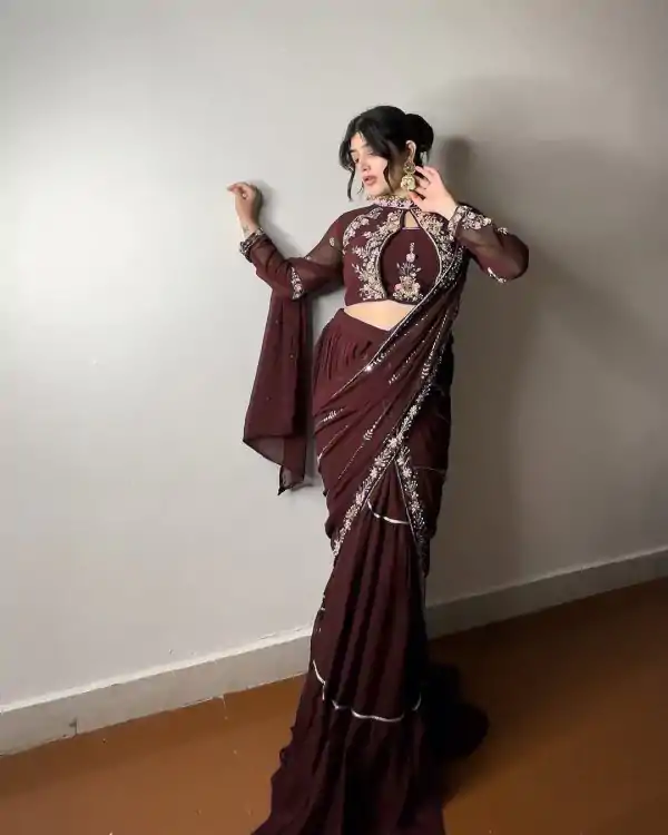 BE 280 Brown Georgette Lehenga Saree Perfect for Wedding, Party, Cultural Events, Housewarming, Ganesh Chaturthi . Affordable Price ₹2399. Delivery 4- | Bollywood Lehenga, Creative Lehenga, Designer Lehenga, Embroidered Lehenga, Lehenga, Party Wear Lehenga