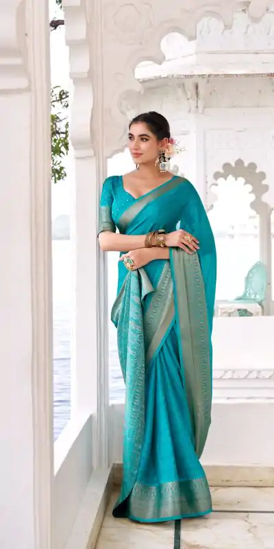 YNF 7902 Firozi Color Chinon Printed With Zari Weaving Work Saree With Zari Work. Best Price ₹1549. Delivery 4-6 Working Days. Shop now. | Bollywood Sarees, Creative Sarees, Designer Sarees, Embroidered Sarees, Ethnic Saree, Modern Digital sarees, Party Wear Sarees, Sarees