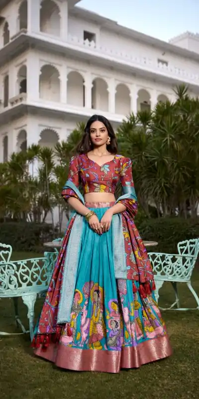 LNB 1231 Firozi Dola Silk Jacquard Silk Kalamkari Print & Zari Work Lehenga Choli in Best Price ₹1899. Delivery 4-6 Working Days. Shop now. | Bollywood Lehenga, Creative Lehenga, Designer Lehenga, Embroidered Lehenga, Lehenga, Party Wear Lehenga