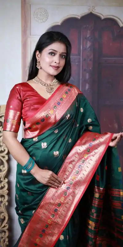 Green Paithani Ajanta Lotus With Lace Work Saree