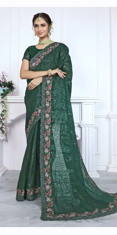 BT Sarangi Green Premium Jimmy cho Silk Saree with Embroidery Work & Zari Work. Exclusive Offer ₹2899. Delivery 4-6 Working Days. Shop now. | Bollywood Sarees, Creative Sarees, Designer Sarees, Embroidered Sarees, Ethnic Saree, Modern Digital sarees, Party Wear Sarees, Sarees
