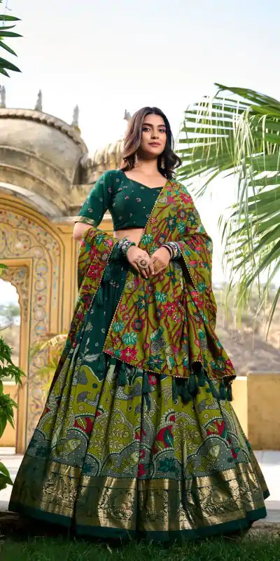 LNB 1219 Green Tasar Silk With Gotta Patti Work & Kalamkari Print Lehenga Choli . Best Price ₹2449. Delivery 4-6 Working Days. Shop now. | Bollywood Lehenga, Creative Lehenga, Designer Lehenga, Embroidered Lehenga, Lehenga, Party Wear Lehenga