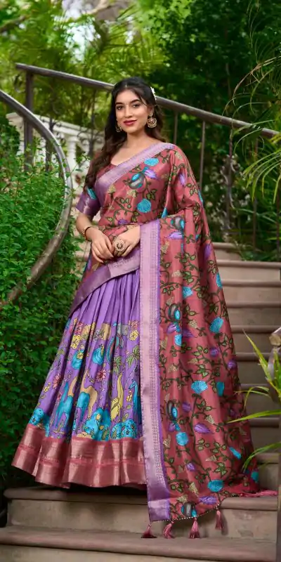 LNB 1222 Lavender Dola Silk With Kalamkari Print & Zari Work Lehenga Choli . Grab it for ₹1899. Delivery 4-6 Working Days. Shop now. | Embroidered Lehenga, Bollywood Lehenga, Creative Lehenga, Designer Lehenga, Lehenga, Party Wear Lehenga