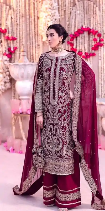 SRK 5297 Maroon Heavy Faux Georgette With Chain Stitch Embroidery Sequence Work Salwar Suit Wedding, Party, Festive, Events, 4-6 Working Days At 2399 | Jump Suits, Casual Suits, Creative suits, Designer Suits, Palazzo Suits, Party Wear Suits, Patiala Suits, Salwar suit, Straight Suits