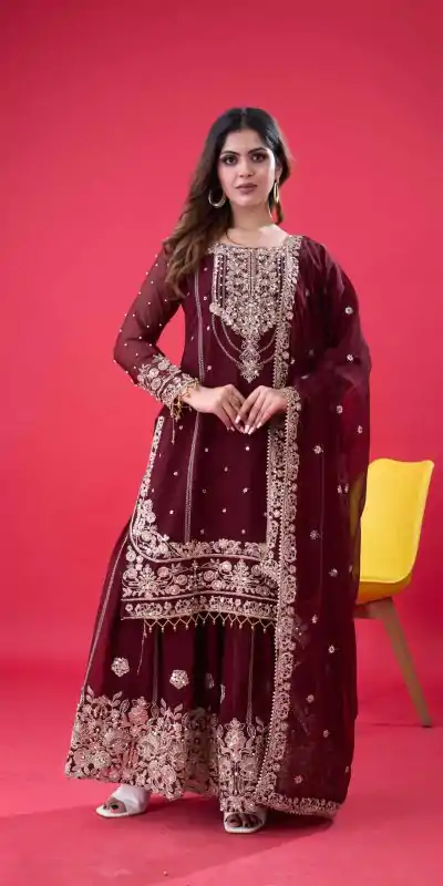 SR 1688 Maroon Faux Georgette with Lace Work & Embroidery Work. Salwar Suit Introductory Price ₹1949. Delivery 4-6 Working Days. Shop now. | Designer Suits, Jump Suits, Casual Suits, Creative suits, Palazzo Suits, Party Wear Suits, Patiala Suits, Salwar suit, Straight Suits
