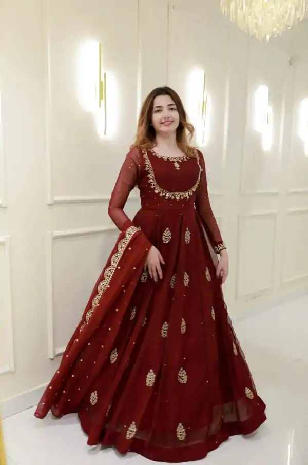Maroon Georgette Embroidery Work Gown