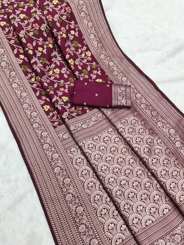 MB 96 Maroon Color Khaddi Pashmina with Zari Work & Lace Work Saree . Now at just ₹1999. Delivery 4-6 Working Days. Shop now. | Bollywood Sarees, Creative Sarees, Designer Sarees, Embroidered Sarees, Ethnic Saree, Modern Digital sarees, Party Wear Sarees, Sarees