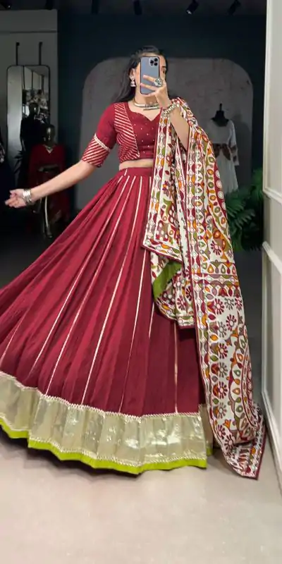 LNB 1658 Maroon Pure Chanderi with Zari Work & Gotta Patti Work Lehenga Choli . Introductory Price ₹3199. Delivery 4-6 Working Days. Shop now. | Bollywood Lehenga, Creative Lehenga, Designer Lehenga, Embroidered Lehenga, Lehenga, Party Wear Lehenga