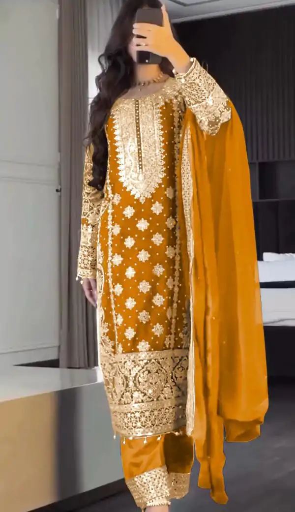 Mustard Faux Georgette Embroidery Salwar Suit