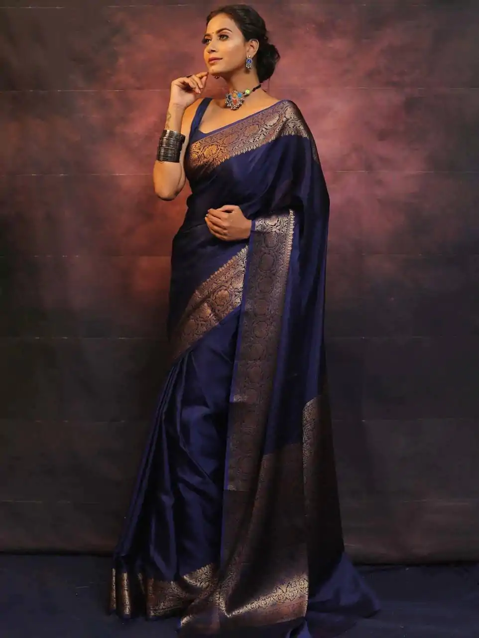 Navy Blue Soft Lichi Silk Lace Border Saree - Image 5