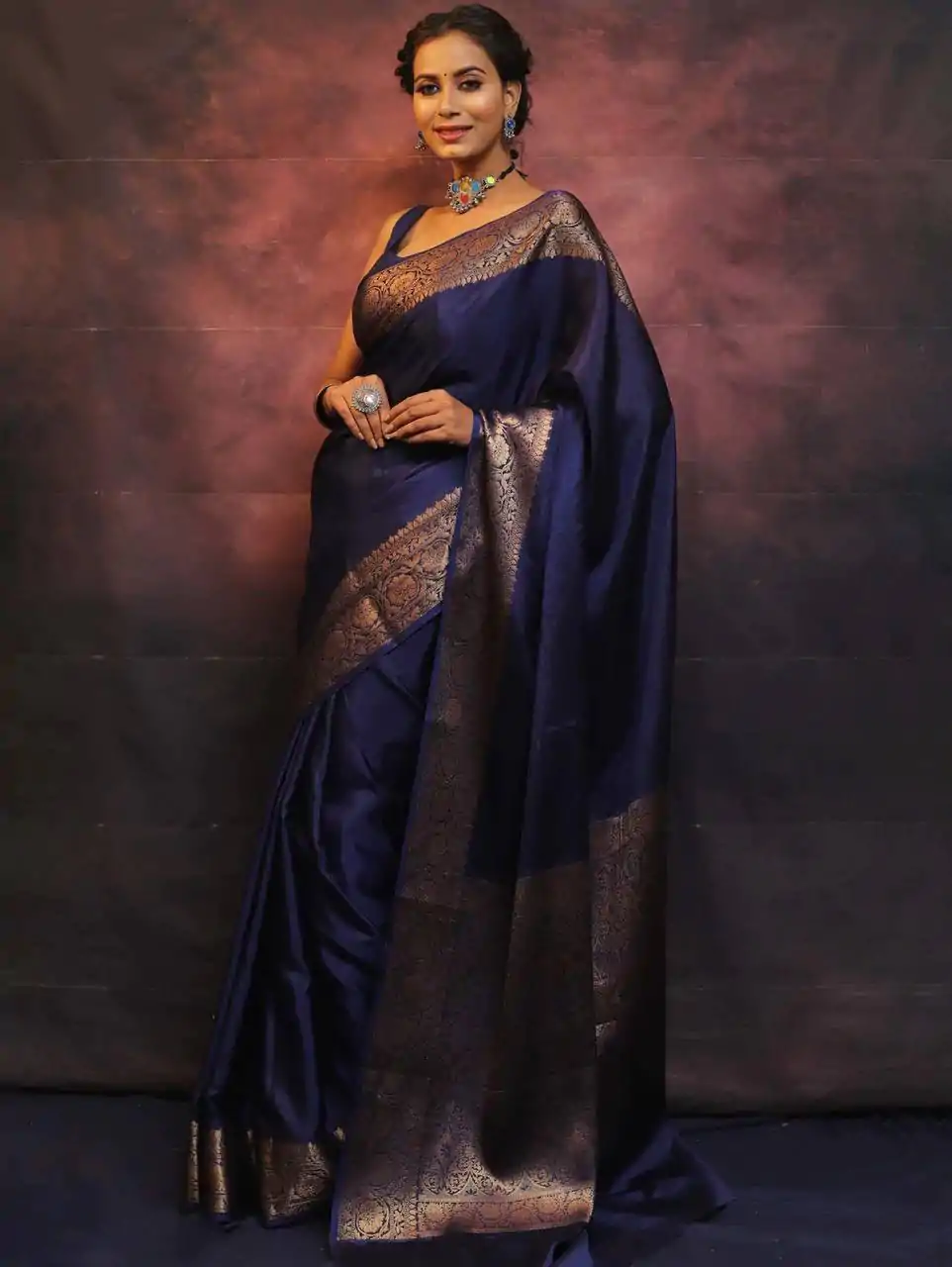 Navy Blue Soft Lichi Silk Lace Border Saree - Image 3