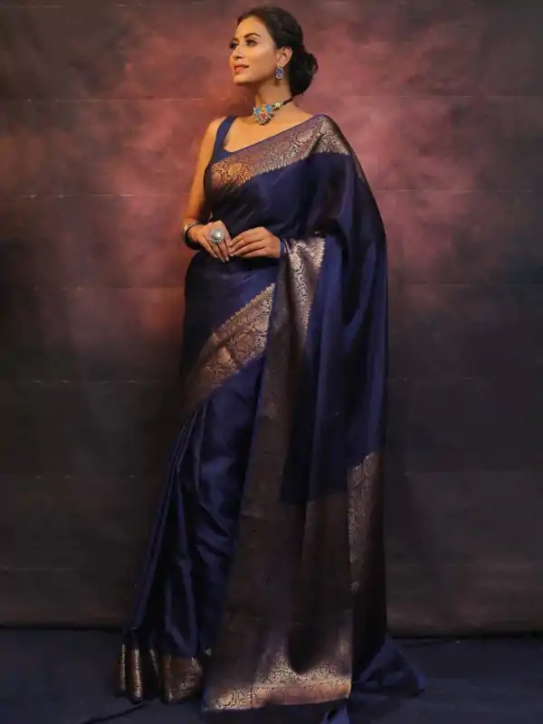 Navy Blue Soft Lichi Silk Lace Border Saree