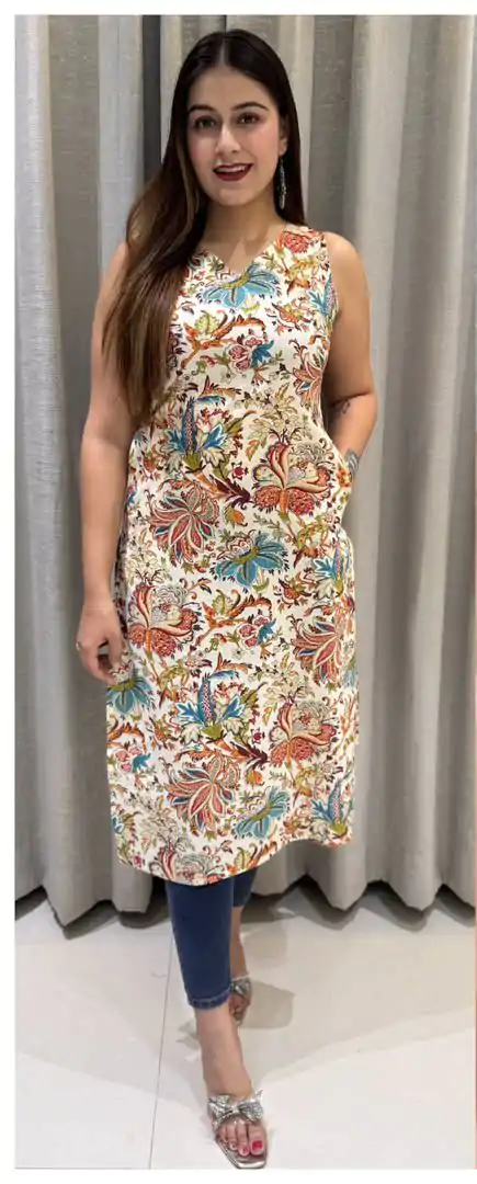 Off White Cotton Printed Kurti