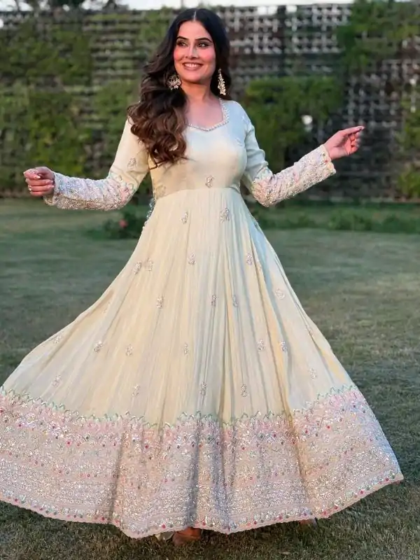Off White Georgette With Embroidery Gown