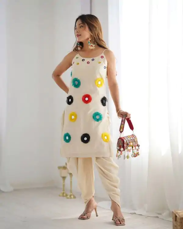 Off White Khadi Cotton Mirror Work Dhoti Suit