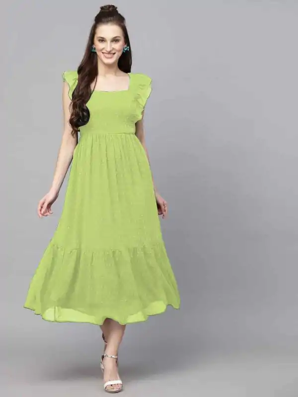 INLI Trendy Parrot Green in Georgette Butti Designer Gown . Wedding, Party, Festive Affordable Price ₹1399. Delivery 4-6 Working Days. Shop now. | Bollywood Gowns, Creative Gowns, Designer Gowns, Embroidered Gowns, Gowns, Party Wear Gowns