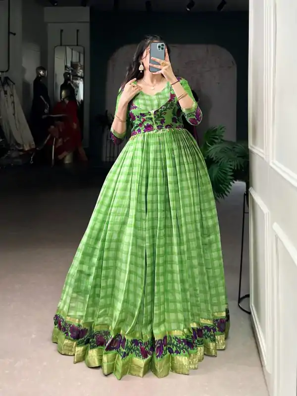 YNF 5034 Parrot Green Polyester Viscose Chanderi Zari Work & Lace Work Gown in . Affordable Price ₹1799. Delivery 4-6 Working Days. Shop now. | Bollywood Gowns, Creative Gowns, Designer Gowns, Embroidered Gowns, Gowns, Party Wear Gowns