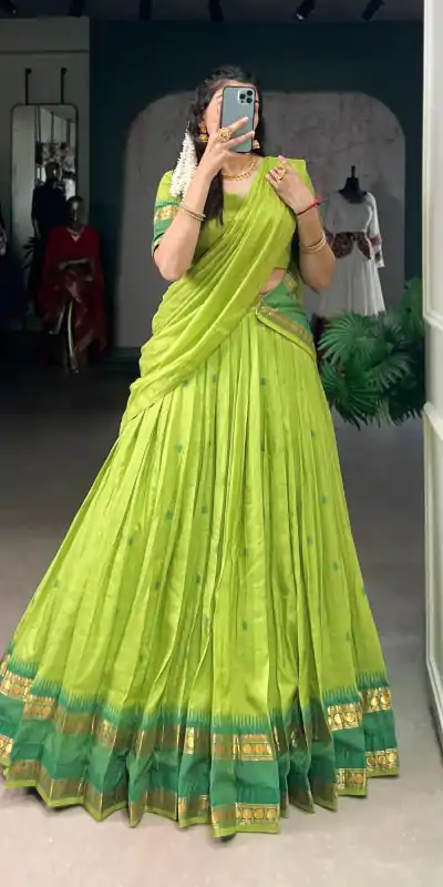 LNB 1904 Parrot Green Pure Chanderi with Zari Work Lehenga Choli . Affordable Price ₹1999. Delivery 4-6 Working Days. Shop now. | Bollywood Lehenga, Creative Lehenga, Designer Lehenga, Embroidered Lehenga, Lehenga, Party Wear Lehenga