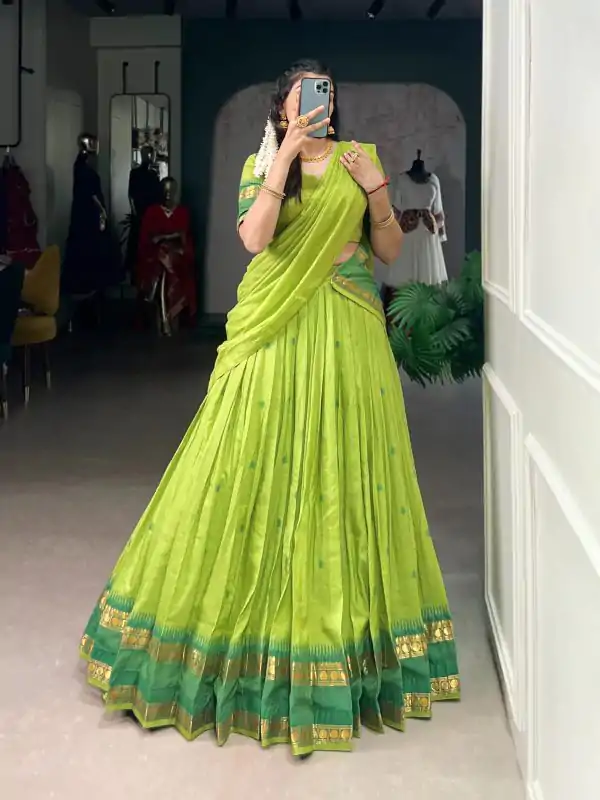 LNB 1904 Parrot Green Pure Chanderi with Zari Work Lehenga Choli . Affordable Price ₹1999. Delivery 4-6 Working Days. Shop now. | Bollywood Lehenga, Creative Lehenga, Designer Lehenga, Embroidered Lehenga, Lehenga, Party Wear Lehenga