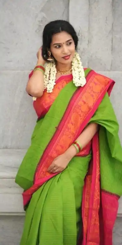 Parrot Green Soft Lichi Silk With Lace Saree