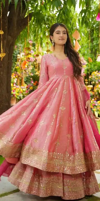 SSR 526 Peach Crunchy Silk With Heavy Embroidery Sequence Work With Fully Flair Salwar Suit Wedding, Party, Festive, Events, Now at just ₹2399. Delivery 4 | Jump Suits, Tops & Bottoms, Track Suits, Trendy Wear, Casual Suits, Creative suits, Designer Suits, Palazzo Suits, Party Wear Suits, Patiala Suits, Salwar suit, Straight Suits