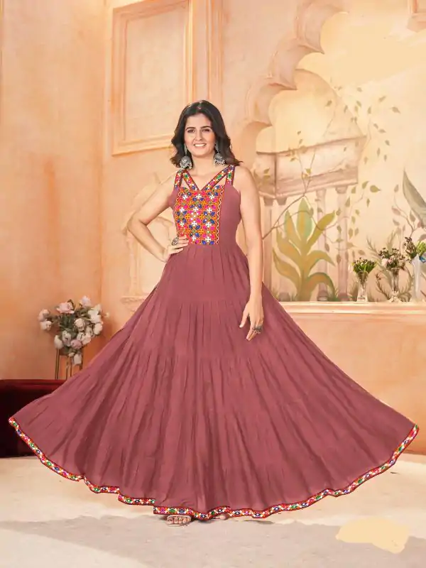 Peach Rayon Lace Work Gamthi Work Gown