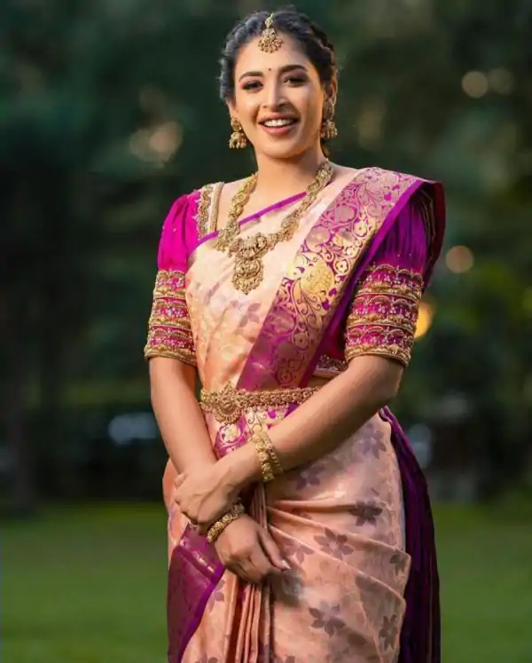 Peach Soft Lichi Silk With Lace Work Saree