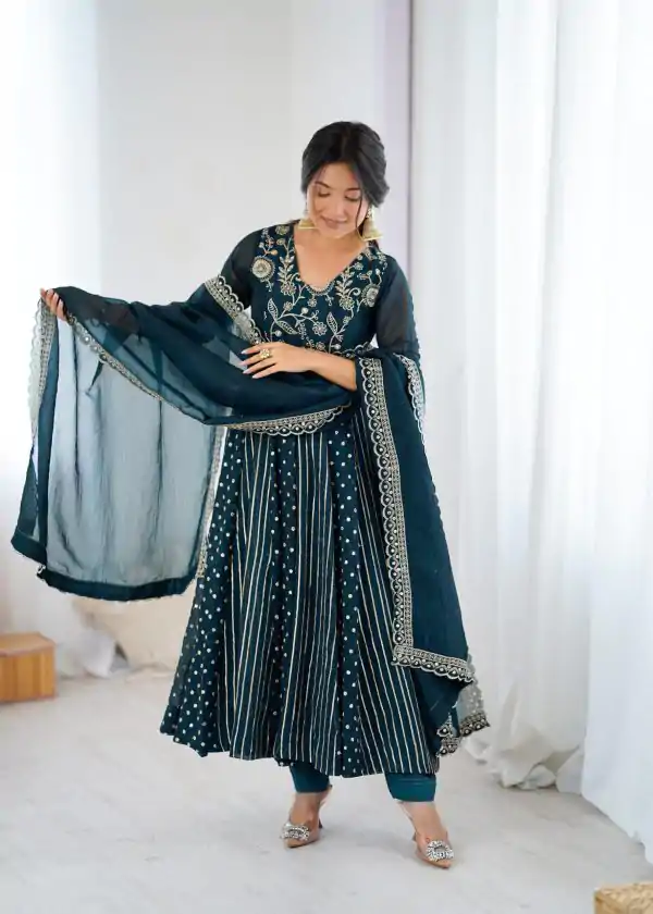 SRK 5293 Peacock Blue With Crunchy Silk With Fully Flair with Lace Work & Embroidery Work Anarkali Gown . Introductory Price ₹2149. Delivery 4-6 Worki | Bollywood Gowns, Creative Gowns, Designer Gowns, Embroidered Gowns, Gowns, Party Wear Gowns