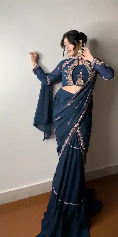 BE 280 Peacock Blue Georgette Lehenga Saree Perfect for Wedding, Party, Cultural Events,, Ganesh Chaturthi . Affordable Price ₹2399. Delivery 4-Days | Bollywood Lehenga, Creative Lehenga, Designer Lehenga, Embroidered Lehenga, Lehenga, Party Wear Lehenga
