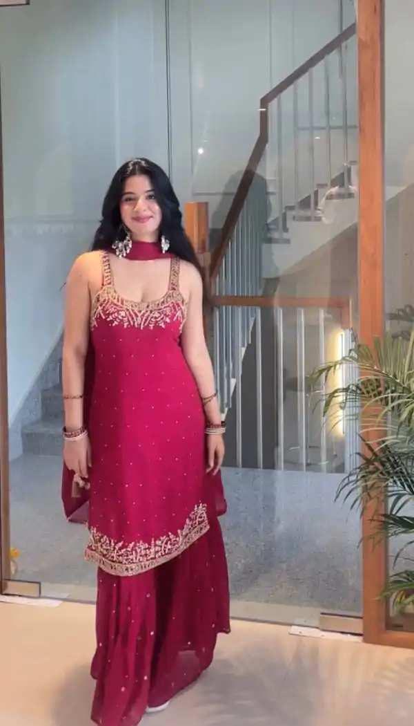 Pink Faux Georgette With Lace Work Salwar Suit