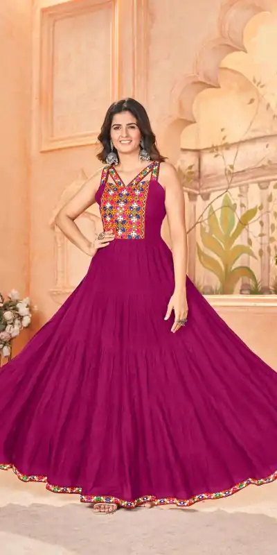 Pink Rayon Lace Work Gamthi Work Gown