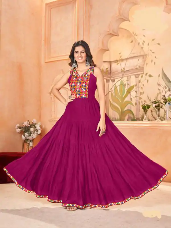 Pink Rayon Lace Work Gamthi Work Gown