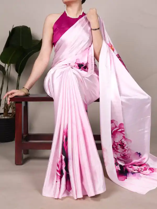 YNF 7004 Pink Color Satin Silk Floral Printed Designer Work Saree . Grab it for ₹1549. Delivery 4-6 Working Days. Shop now. | Bollywood Sarees, Creative Sarees, Designer Sarees, Embroidered Sarees, Ethnic Saree, Modern Digital sarees, Party Wear Sarees, Sarees