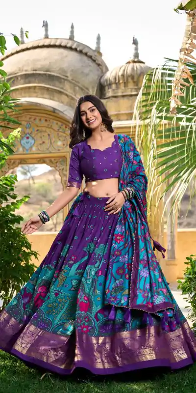 LNB 1219 Purple Tasar Silk With Gotta Patti Work & Kalamkari Print Lehenga Choli . Best Price ₹2449. Delivery 4-6 Working Days. Shop now. | Bollywood Lehenga, Creative Lehenga, Designer Lehenga, Embroidered Lehenga, Lehenga, Party Wear Lehenga