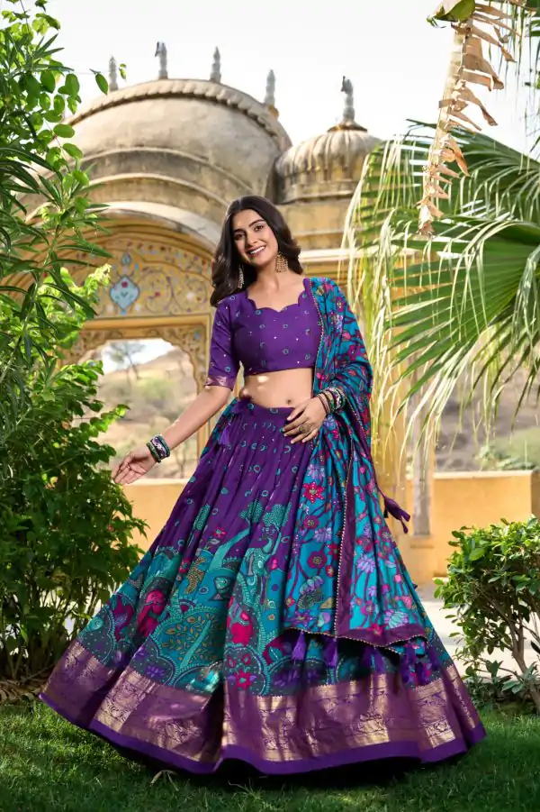 LNB 1219 Purple Tasar Silk With Gotta Patti Work & Kalamkari Print Lehenga Choli . Best Price ₹2449. Delivery 4-6 Working Days. Shop now. | Bollywood Lehenga, Creative Lehenga, Designer Lehenga, Embroidered Lehenga, Lehenga, Party Wear Lehenga