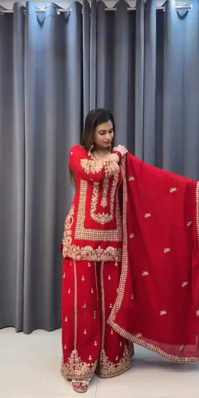 KD 1533 Red Blooming Georgette Salwar Suit Perfect for Wedding, Party, Ethnic Day, Housewarming, Pongal . Available at ₹2149 only. Delivery 4-6 Workin | Designer Suits, Casual Suits, Creative suits, Palazzo Suits, Party Wear Suits, Patiala Suits, Salwar suit, Straight Suits