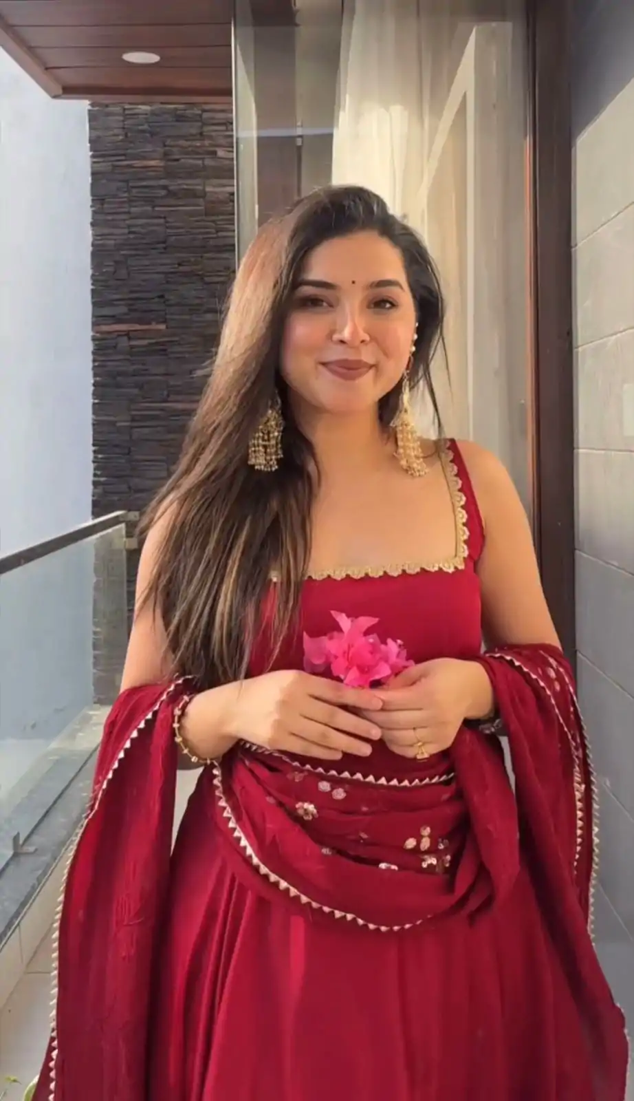 Red Faux Georgette Sequence Salwar Suit - Image 7