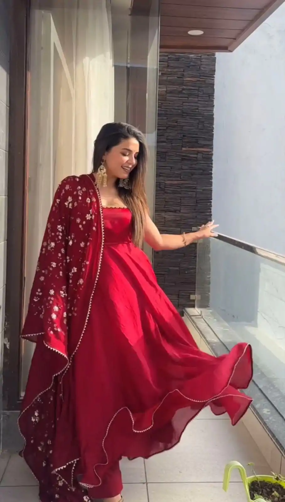 Red Faux Georgette Sequence Salwar Suit - Image 6