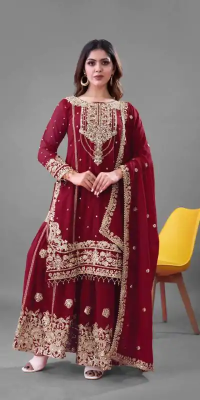 SR 1688 Red Heavy Faux Georgette With Heavy Embroidery Wedding, Party, Festive, Events, Navratri Garba, Reception, Haldi, 4-6 Working Days At 1949 Only | Jump Suits, Casual Suits, Creative suits, Designer Suits, Palazzo Suits, Party Wear Suits, Patiala Suits, Salwar suit, Straight Suits