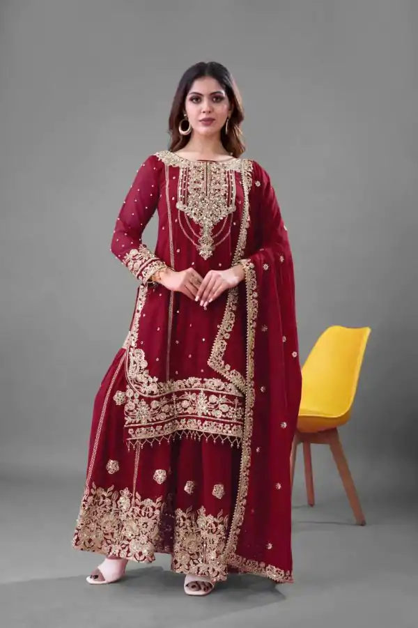 SR 1688 Red Heavy Faux Georgette With Heavy Embroidery Wedding, Party, Festive, Events, Navratri Garba, Reception, Haldi, 4-6 Working Days At 1949 Only | Jump Suits, Casual Suits, Creative suits, Designer Suits, Palazzo Suits, Party Wear Suits, Patiala Suits, Salwar suit, Straight Suits