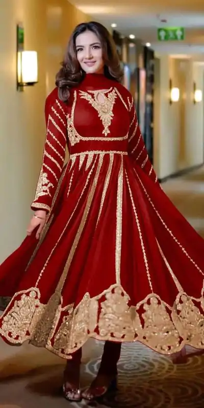 NSR 817 Red in Faux Georgette With Full Heavy Embroidery & Lace Work Gown . Festive Deal ₹1949. Wedding, Party, Festive, Events Delivery 4-6 Days | Bollywood Gowns, Creative Gowns, Designer Gowns, Embroidered Gowns, Gowns, Party Wear Gowns
