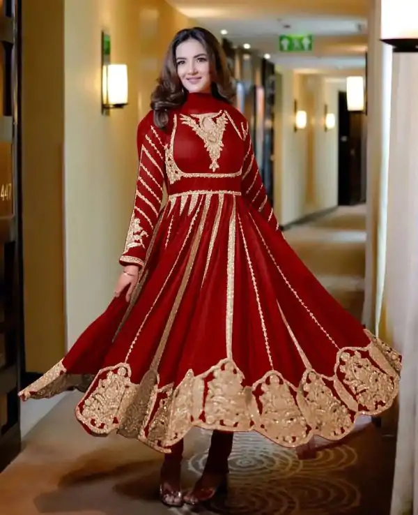 NSR 817 Red in Faux Georgette With Full Heavy Embroidery & Lace Work Gown . Festive Deal ₹1949. Wedding, Party, Festive, Events Delivery 4-6 Days | Bollywood Gowns, Creative Gowns, Designer Gowns, Embroidered Gowns, Gowns, Party Wear Gowns