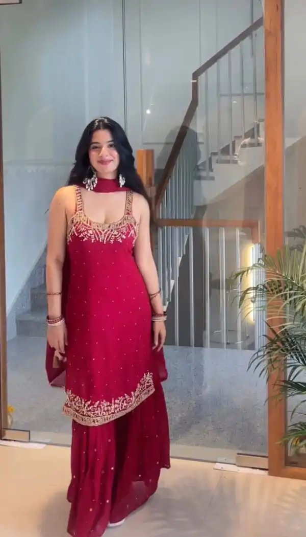 Red Faux Georgette With Lace Work Salwar Suit