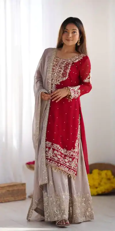 SR 1676 Red Red Heavy Faux Georgette With Heavy Embroidery Perfect for Wedding, Party, Ethnic Day, Reception, Diwali 4-6 Working Days At 2049/- Only | Jump Suits, Casual Suits, Creative suits, Designer Suits, Palazzo Suits, Party Wear Suits, Patiala Suits, Salwar suit, Straight Suits
