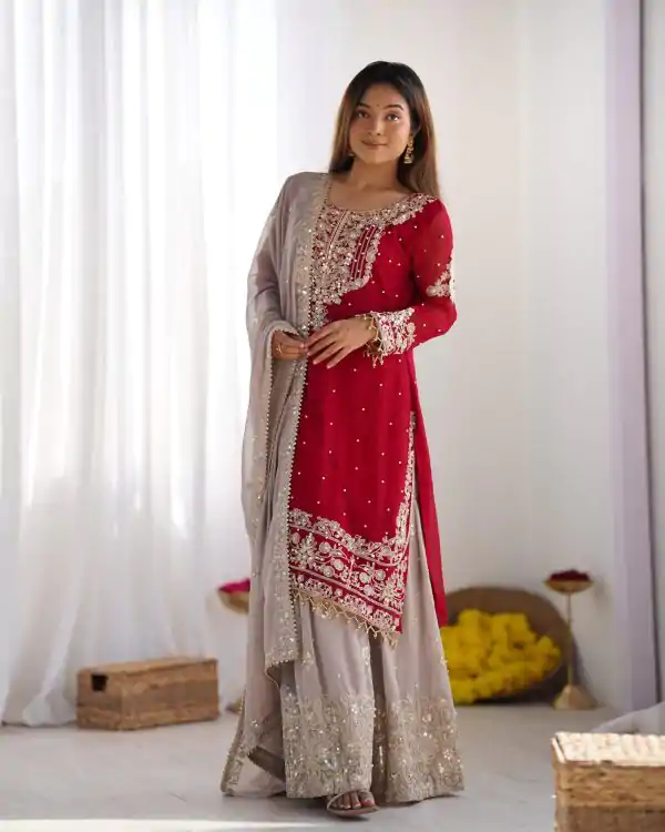 SR 1676 Red Red Heavy Faux Georgette With Heavy Embroidery Perfect for Wedding, Party, Ethnic Day, Reception, Diwali 4-6 Working Days At 2049/- Only | Jump Suits, Casual Suits, Creative suits, Designer Suits, Palazzo Suits, Party Wear Suits, Patiala Suits, Salwar suit, Straight Suits