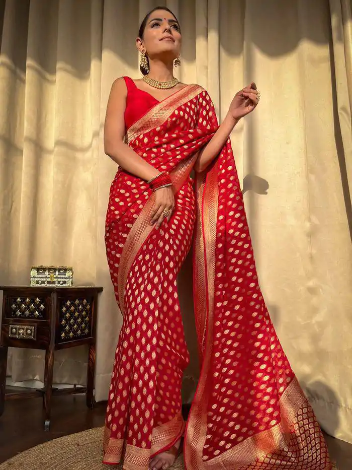 KP 5083 Red Soft Lichi Silk Perfect for Wedding, Party, Family Gatherings, Sangeet, Diwali Cloth. Saree. Get it for ₹1399. Delivery 4-6 Working Days. | Bollywood Sarees, Creative Sarees, Designer Sarees, Embroidered Sarees, Ethnic Saree, Modern Digital sarees, Party Wear Sarees, Sarees