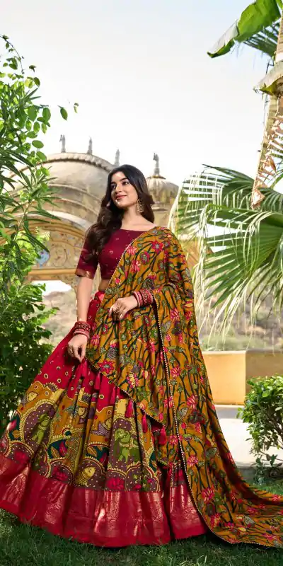 LNB 1219 Red Tasar Silk With Gotta Patti Work & Kalamkari Print Lehenga Choli . Best Price ₹2449. Delivery 4-6 Working Days. Shop now. | Bollywood Lehenga, Creative Lehenga, Designer Lehenga, Embroidered Lehenga, Lehenga, Party Wear Lehenga