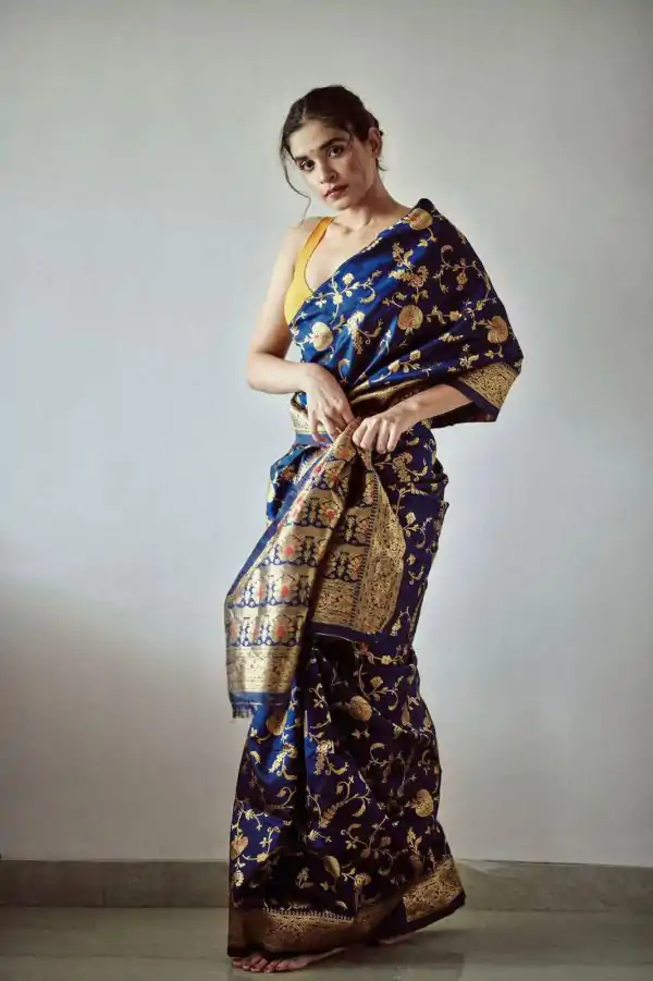 Royal Blue Banarsari Silk With Lace Border Saree