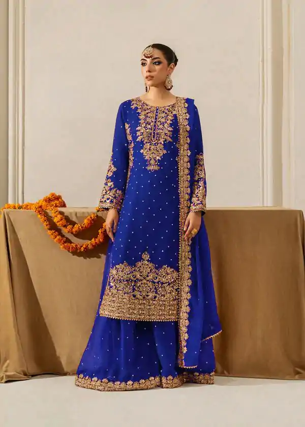 Royal Blue Faux Georgette Lace Work Salwar Suit